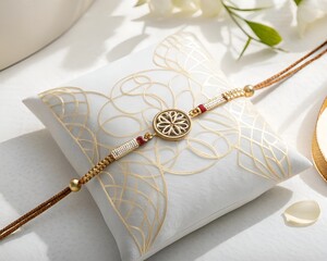 Close up of a rakhi bracelet on a white pillow with floral decorations