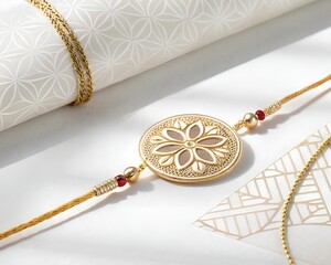 Close up of a golden rakhi with floral design on a patterned white surface