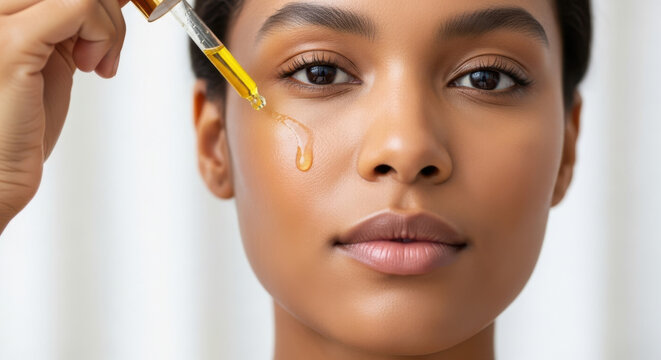 A womans face as a dropper applies serum to her cheek