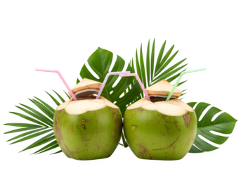 A fresh green coconut drink with a straw isolated on white or transparent background. PNG format.