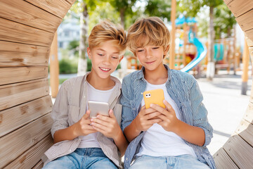 Two young boys sitting on a bench and looking at their cell phones