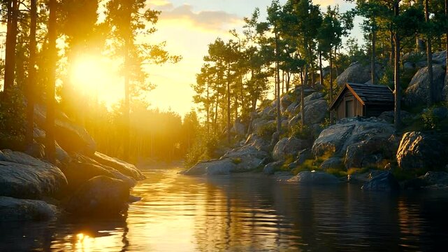 Forest riverside cabin at sunset