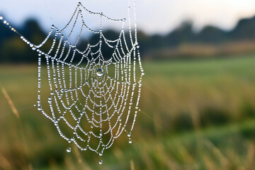 Dewdrops sparkle on a spider web in morning light