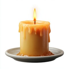 A lit orange candle with dripping wax on a saucer isolated on white background