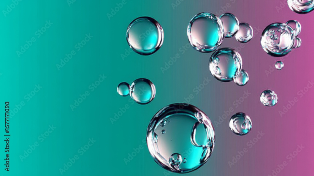 Poster Dynamic colorful background featuring translucent spheres. Abstract underwater world with vibrant light reflection.