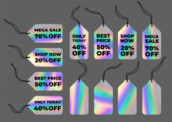 Set of realistic neon tag, label with holographic effect. Isolated Shiny rainbow emblem, hologram. Empty mockup, template. Shop now, 50%, Best Price, Special offer, Mega Sale. Isolated Vector EPS10