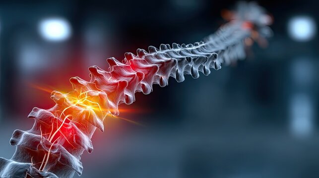 Pinched sciatic nerve anatomical diagram with spine and pain zone, medical health issue concept for orthopedic and research ads