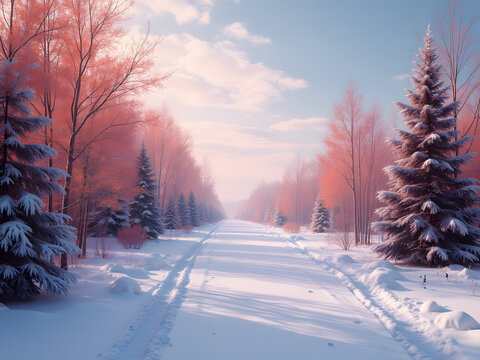 Winter Wonderland: A serene winter landscape unfolds, a snow-covered pathway guides the eye amidst frosted trees under a soft, pastel sky. - Powered by Adobe