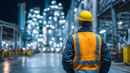 Industrial worker observes refinery under overcast sky. Neural network AI generated