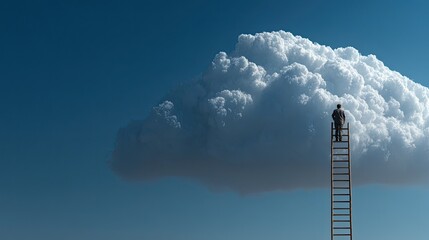 Person climbing ladder toward sky background, symbol of ambition, career growth and reaching success