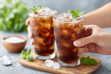 Two glasses of soda with ice and mint leaves