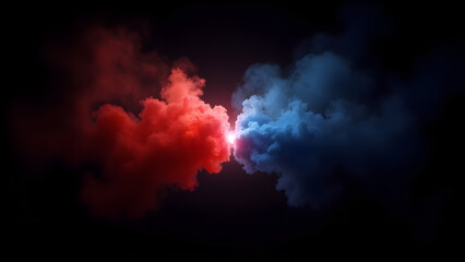 Smoke Dynamics: A vibrant display of red and blue smoke colliding in a visually arresting dance, filling the frame with an alluring gradient of hues against a dark canvas, evoking themes of contrast.