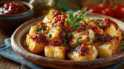 Patatas bravas Spanish tapas dish on rustic plate, traditional cuisine concept for restaurant, food styling, and design ads