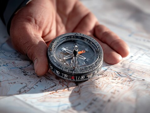 Hand holding compass over topographic map for navigation