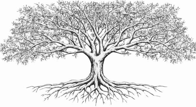 Detailed monochrome drawing of a large deciduous tree with extensive root system