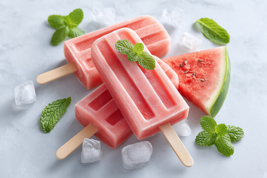 Three popsicles with watermelon and mint on top - Powered by Adobe
