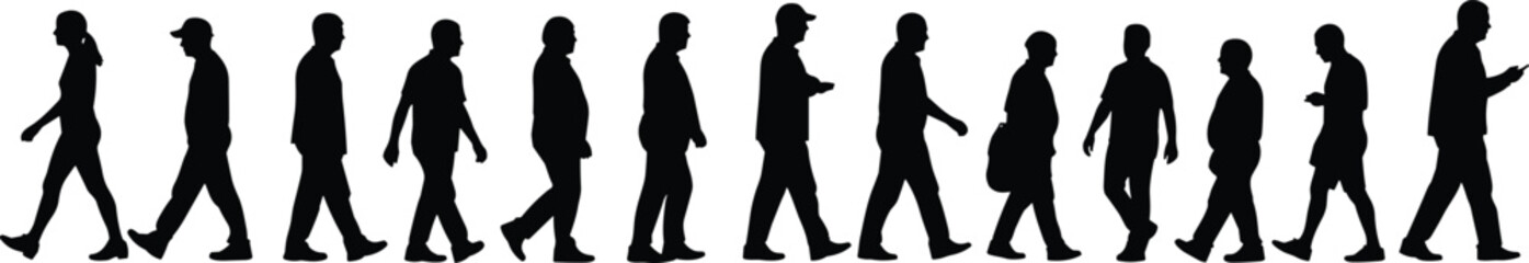 Silhouettes of people walking – urban pedestrian group, street crowd motion, walking side view, men and women on white.