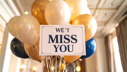 A sign that says "We'll Miss You" surrounded by colorful balloons