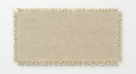 Empty rustic beige natural fabric placemat with fray edge on white background. Blank textured cloth pad with copy space. Mockup design.