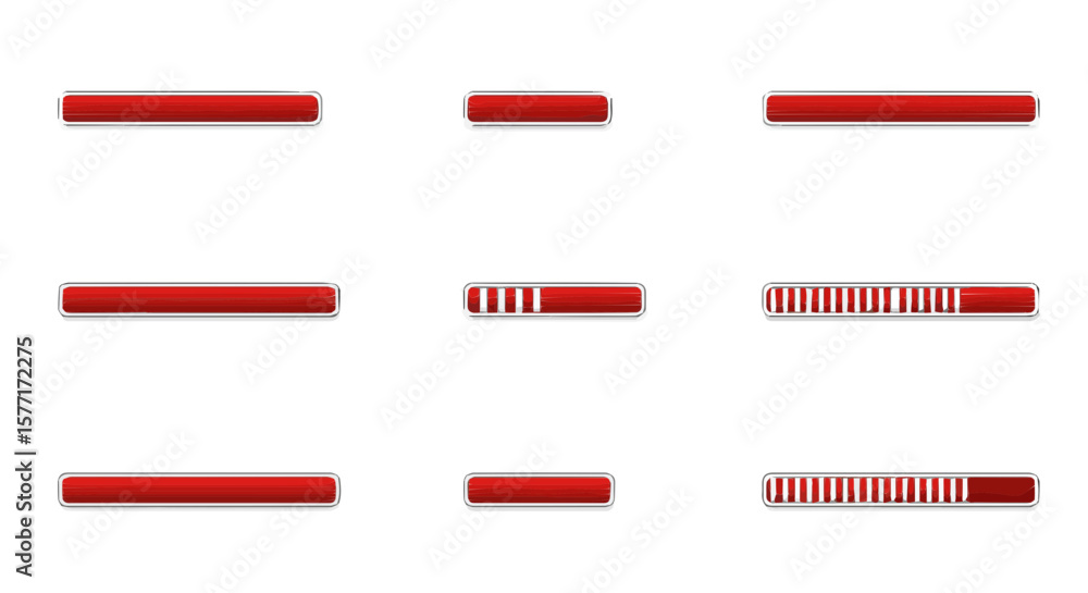 Poster loading progress indicators with red bars on a white background for websites and applications