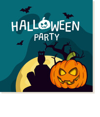 Halloween party invitation featuring a jack-o'-lantern, bats, and a full moon.