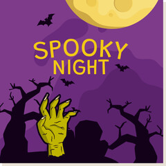 A spooky Halloween night scene featuring a zombie hand emerging from the ground, silhouetted trees, and a full moon.
