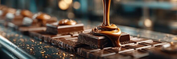 Melted chocolate pouring over fresh chocolate bars in a candy production facility