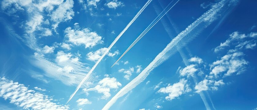 Airplane Contrails in the Sky Long white contrails left by airplanes against a blue sky.