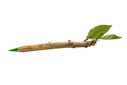 a pencil with a green tip and a leaf on it