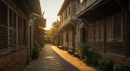 Obraz premium Old Wooden Thai House Alley At Sunset. Narrow alley lined with vintage Thai wooden houses lit by warm sunset light in old town. 