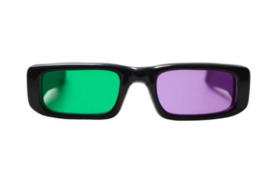 a pair of glasses with a green and purple lens