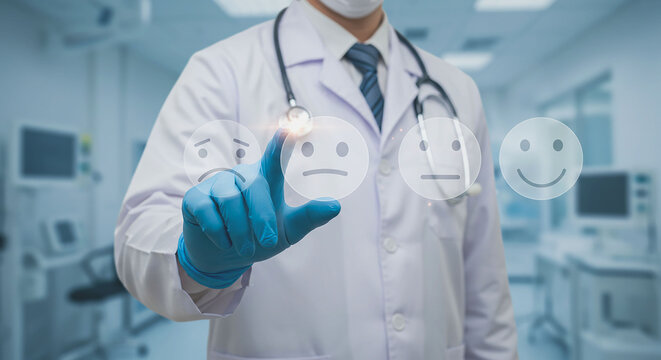 Doctor in lab coat selecting a neutral face among different mood emoticons on a transparent screen
