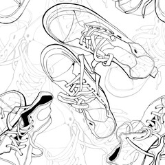 Seamless black and white pattern of hand-drawn worn sneakers with overlapping lines. Dynamic and edgy design, ideal for textile, packaging, backgrounds, and alternative youth-themed prints.
