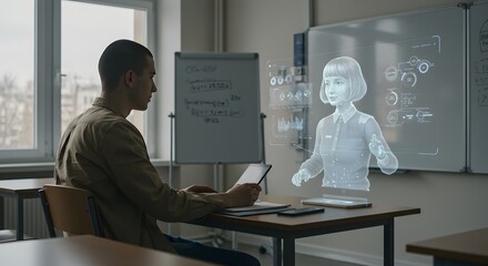 A student interacts with a holographic teacher in a classroom setting.