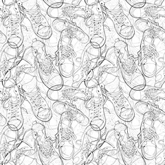 Seamless black and white pattern of hand-drawn worn sneakers with overlapping lines. Dynamic and edgy design, ideal for textile, packaging, backgrounds, and alternative youth-themed prints.