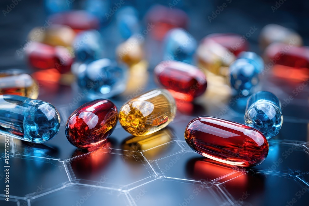 Poster capsules and tablets scattered on a molecular structure background in a scientific setting