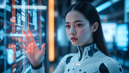 A futuristic scene shows a woman interacting with a digital screen, illuminated by soft blue and orange light with advanced technology.