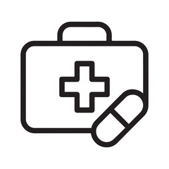 Obraz premium A black outline of medical kit with plus sign and capsule is shown