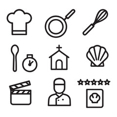 Various isolated food and restaurant icons representing cooking and dining, presented on a white background