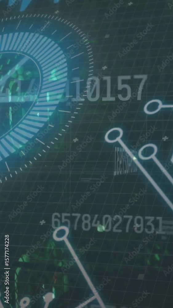 Poster animation of scope, circuit board and data processing over dark background