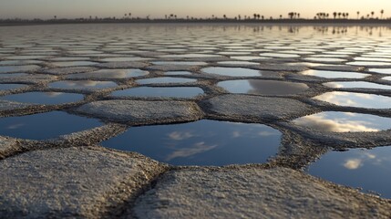 A dried Martian riverbed crafted from shattered mirrors reflecting the absence of water.