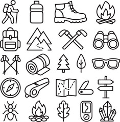 Fototapeta premium Hiking Line Icons Pack, Minimalist Outdoor Adventure Symbol Set, Camping Trekking Vector Collection
