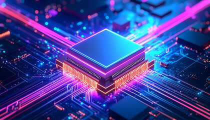 Obraz premium Vibrant digital pathways illuminate a powerful central processing unit on a futuristic circuit board