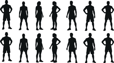 Silhouettes of athletic men and women in sportswear, fitness poses, strong body, healthy lifestyle, workout ready, active standing posture, gym training concept.