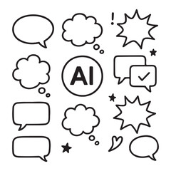 Simple black line art illustrates multiple communication bubbles, artificial intelligence symbol, stars, and heart transparent background