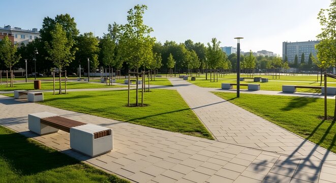 Modern Urban Park with Benches and Pathways Tranquil Green Space in City Setting