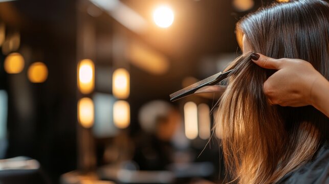 Hair stylist clipping hair section with precision before haircut, - Powered by Adobe