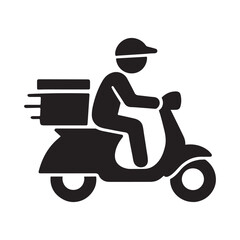 Silhouette person transports items on a black scooter, depicted over a white background