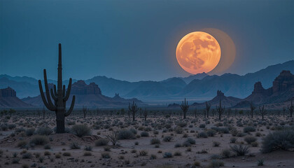 Enormous moonrise behind desert landscape