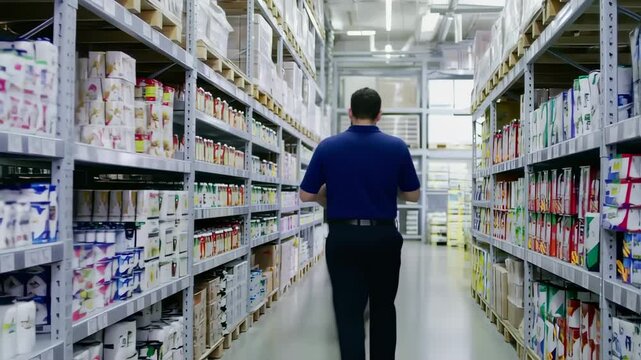 Aisles of a large warehouse store filled with various food and household items.  Workers navigate the shelves